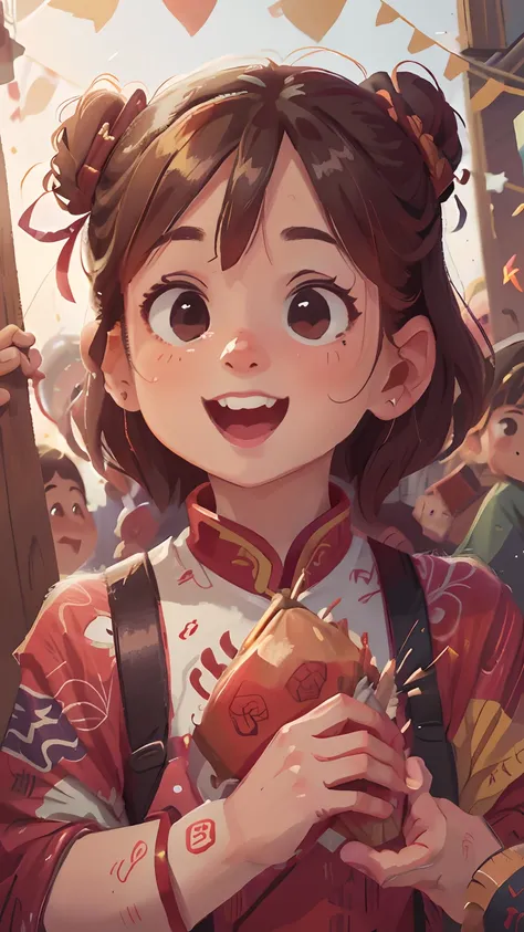 Lunar New Year, multiple persons, A group of children go to set off firecrackers, exteriors, Set off fireworks, happy, happy, perfect quality, clear focus (clutter - home: 0.8), (masterpiece: 1.2) (Realistic: 1.2) (Bokeh) (Best quality) (Detailed skin: 1.3...