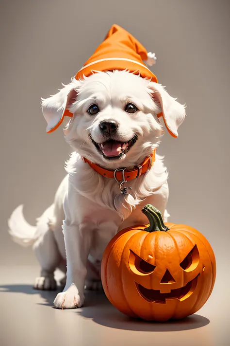 t-shirt design, minimalist, A  happy white dog, Maltese, inside a carved pumpkin, with just its head popping out, wearing a tiny orange witch hat.