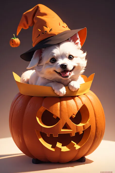 t-shirt design, minimalist, A  happy white dog, Maltese, inside a carved pumpkin, with just its head popping out, wearing a tiny orange witch hat.