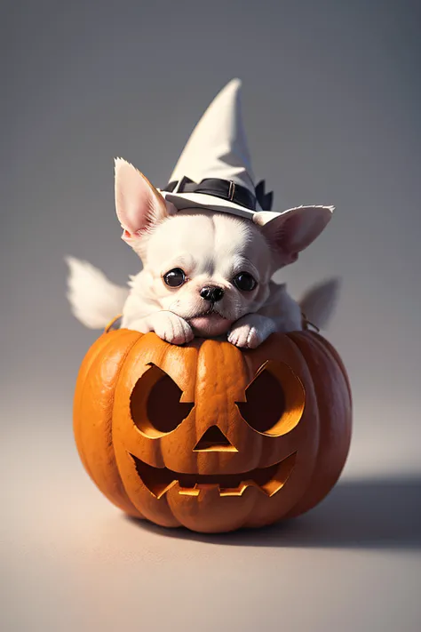 t-shirt design, minimalist, A  happy white dog, Chihuahua, inside a carved pumpkin, with just its head popping out, wearing a tiny witch hat.