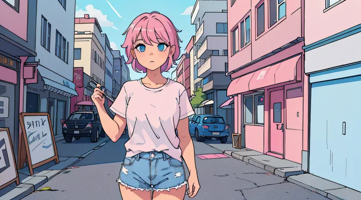 Pretty girl, short pink hair, blue eyes, wearing plain white shirt, denim shorts, city, absurdres, high res, ultrasharp, 8K, masterpiece, looking at viewer