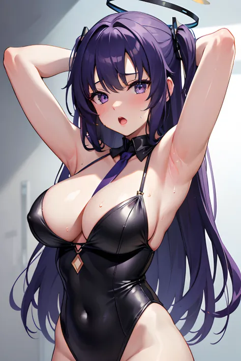 8k, highres, ultra detailed, (masterpiece:1.4),, 1girl , armpits , blush , halo , large breasts , long hair , looking at viewer , open mouth , parted bangs , purple eyes , purple hair , solo , sweat , two side up , upper body,yuuka (blue archive)