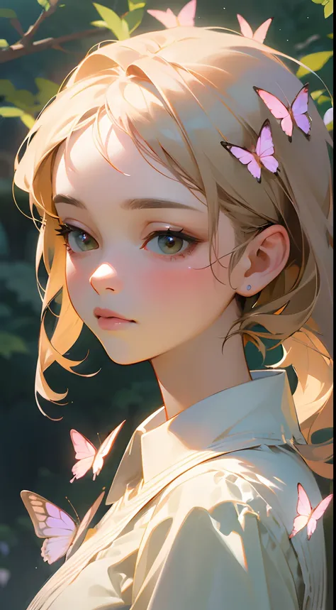 (best quality, masterpiece, ultra-realistic), portrait of 1 beautiful and delicate girl, with a soft and peaceful expression, the background scenery is a garden with flowering bushes and butterflies flying around.