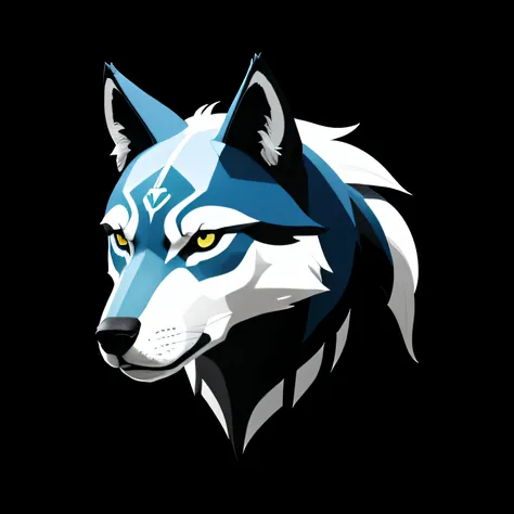 A detailed illustration face wolf,Magic, Desportivo, azul brilhante, Uivando, logotipo em forma de escudo, #69E200 hexadecimal, segunda cor branco, logotipo do futebol, Escuro, lo gothic, design de camisetas, no estilo do Studio Ghibli, cores tetradicas pa...