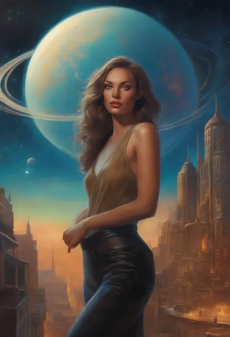 sketch of a woman standing in front of a painting of a planet, futuristic city in background, psytrance artwork, interconnected human lifeforms, panoramic view of girl, progressive rock album cover, dream of the endless, star dust, galaxy, stoner rock, pas...