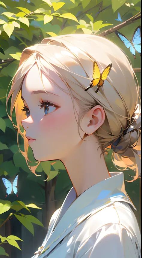 (best quality, masterpiece, ultra-realistic), portrait of 1 beautiful and delicate girl, with a soft and peaceful expression, the background scenery is a garden with flowering bushes and butterflies flying around.