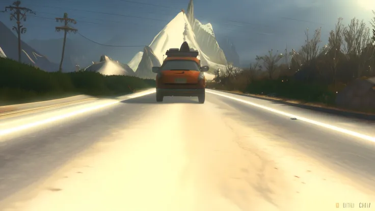 there is a car driving down a road with a mountain in the background, video game screenshot>, animated movie shot, traveling through the mountains, videogame screenshot, pixar movie screenshot, icy road on a planet of lava, in game screenshot, animation st...