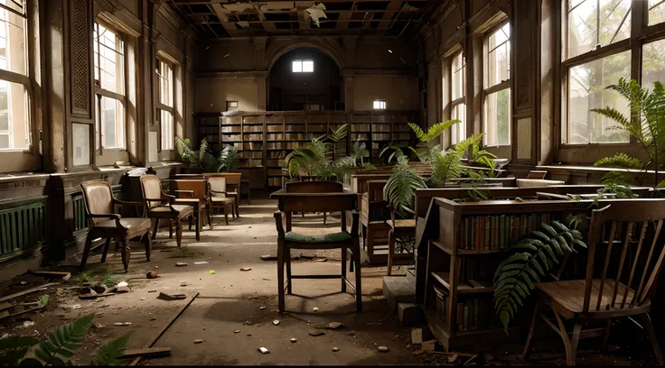 inside a high detailed abandoned library with ferns growing around a chair