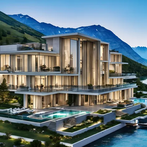 high definition raw photo, realistic architecture, modern mansion, building at hill, surrounded by mountains,beautiful river