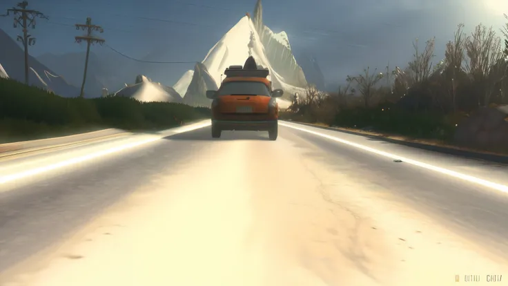 there is a car driving down a road with a mountain in the background, video game screenshot>, animated movie shot, traveling through the mountains, videogame screenshot, pixar movie screenshot, icy road on a planet of lava, in game screenshot, animation st...