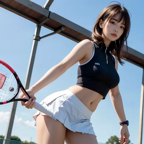 Photo of one person,hightquality,high-level image quality,​masterpiece,NIKON,detailed photo,​masterpiece,Japan girls、Panties visible、Holding a racket in a sexy tennis outfit,Childhood,cute like an idol,Embarrassed look,Teary-eyed,Brown hair,loose and fluff...