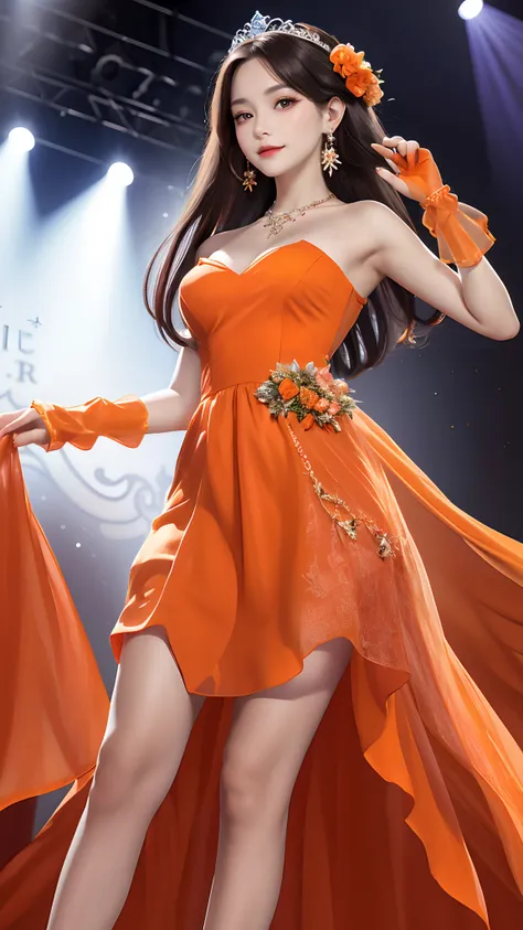 masterpiece, best quality, highres, long hair, tiara, hair ornament, hair flower, earrings, necklace, bare shoulders, bare waist:1.4, medium breasts, orange dress, strap dress, lace, orange gloves, (transparent dress:1), cowboy shot, stage, holding microph...