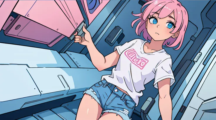 1Girl, Pretty girl, short pink hair, blue eyes, wearing plain white shirt, denim shorts, city, absurdres, high res, ultrasharp, 8K, masterpiece, looking at viewer