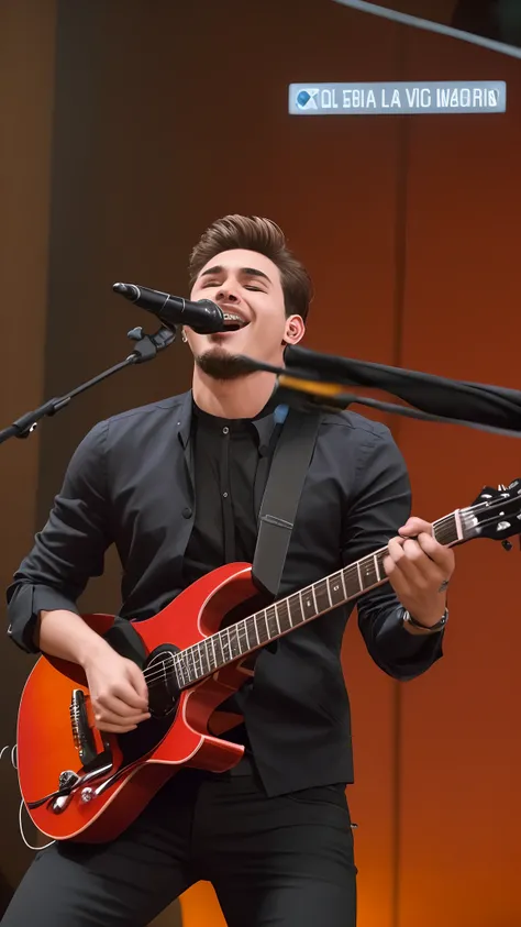 Un hombre estilo Disney pixar, alta qualidade, melhor qualidade, Who plays a guitar and sings into a microphone, Tocar la guitarrara en el escenario, performing on stage, live performance, Realizar, sobre un fondo oscuro, Hombre tocando la guitarrara, Ed O...