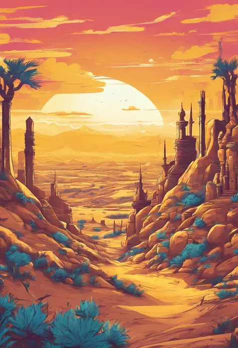 Yellow sand in the sky，The background is a vast desert，Game scene, landscape artwork, environment design illustration, scenery art detailed, Desert oasis landscape, concept-art, 4k highly detailed digital art, 4 k digital painting, 4k digital painting, stu...