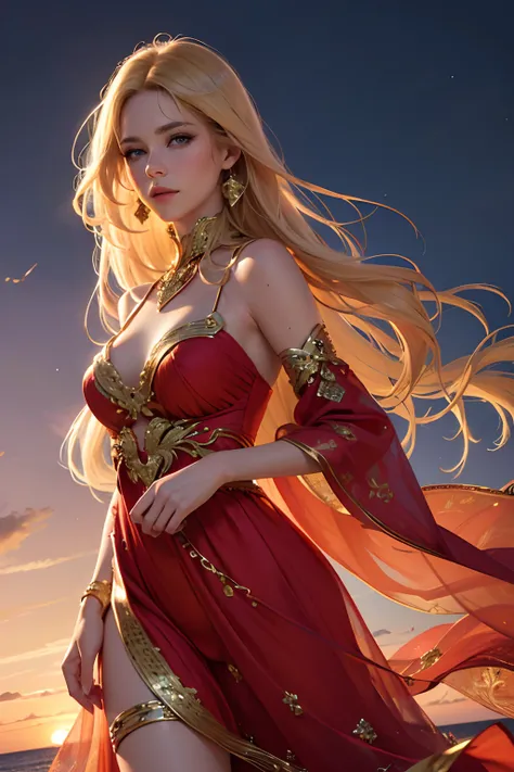 (best quality,4k,highres),(realistic:1.37),ultra-detailed,professional,vivid colors,bokeh,[portrait],golden hair,blue eyes,beautiful detailed eyes,beautiful detailed lips,soft smile,dainty red dress,Amber Sea dance, long flowing hair