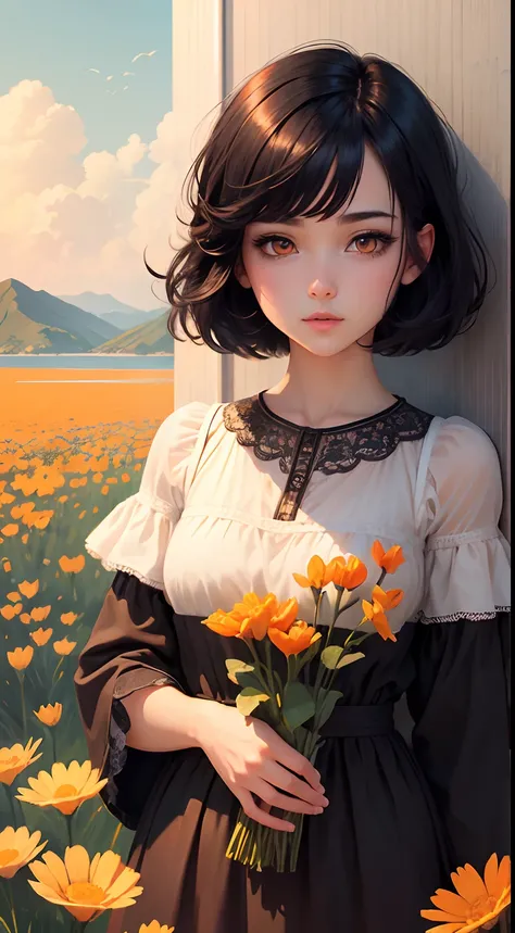 Masterpiece, Best quality, Ultra-detailed, illustration, Detailed orange eyes, 1girll, Short black hair, A sea of flowers full of spring atmosphere, Beautiful sky