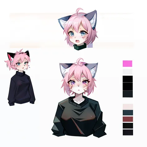 Reference sheet of a kitty dog [female] with a pink color pallette and self harm scars, wearing a black sweater