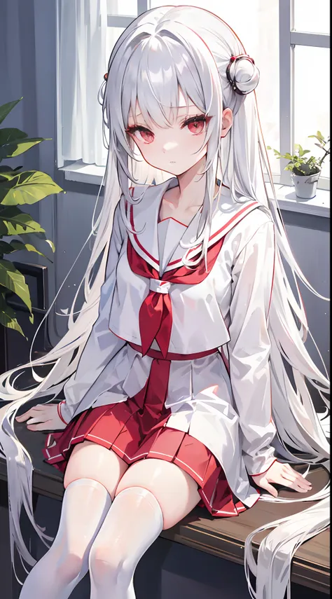 silver-white long hair，Broken hair curtain，Crystal red eyes，Off-white short-sleeved sailor uniform school uniform，a skirt，expressiveless，apathy，Sit in the infirmary，Wearing white stockings，Medium-sized girls