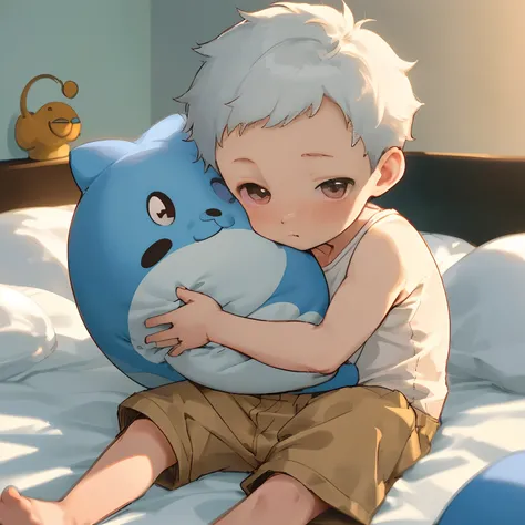 a room,One Boy,Oversize,Oversize,80 cm,Dowel shirt,Hugging a stuffed animal,Short pants,Oversize,Male child,2 year olds,Juvenile body shape,small body shape,short round face,younge boy,younge boy, child-faced,infancy，toddlers,young age，short round face，Fla...