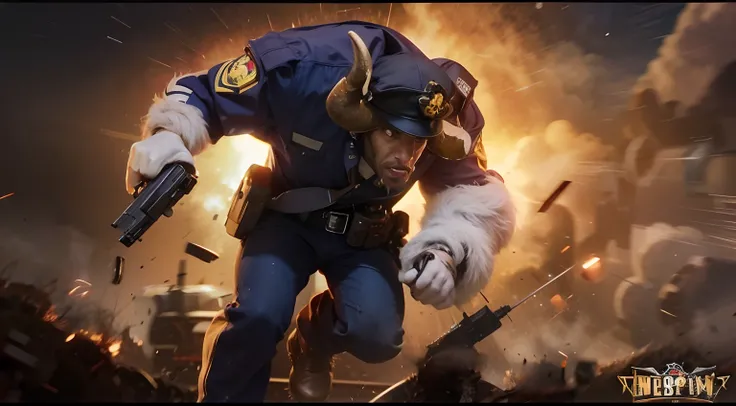 minotaur, with blue police suit, holding glock hand gun, explode war background