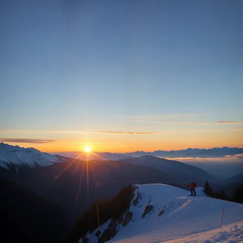 People skiing on the top of the mountain at sunset，Enjoy mountain views, sun is in the top, mountain sunrise, sun rises between two mountains, mountains and sunset!!, Early morning sunrise, during sunrise, late sunset, At sunrise, sunset panorama, dawn set...