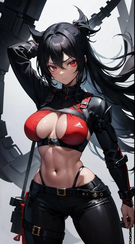 Adult woman, ebony, black skin, long curly black hair, red eyes, Bondage on the eye, musculature, Black hired tight top, Mercenary pants, arma, sword, smirk, Masterpiece, hiquality