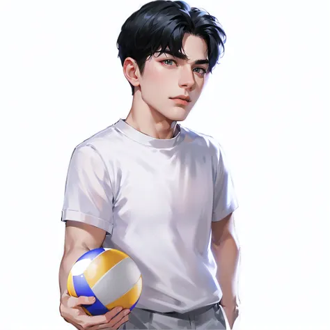 Handsome short-haired man in white short sleeves，Young and handsome face，Semi-cartoon character，looks into camera，，(skin indentation:1.5), Realistic, Photorealistic, (Masterpiece:1.5), concept-art, Intricate details, Highly detailed, Photorealistic, render...