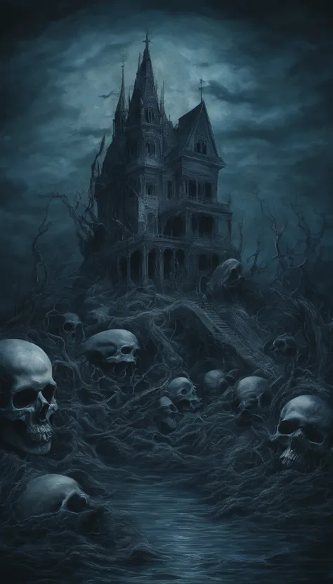 (nighttime scene),Blue tones of horror under the sea, haunted, dead body, skulls, Images depicting hell, Necrotic bacteria, Image style painting, Realistic, Shadows, Mermaid HD, High quality, Cinematic