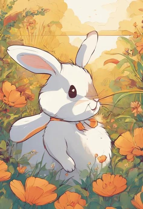 highly details, Hyper-detailing,8K，Picture of a bunny and a chick playing together，Surrounded by the beauty of nature,warm sun sprinkling on her，wildflowers gently swaying in the breeze。Butterflies and birds flying，adding to the playful atmosphere,