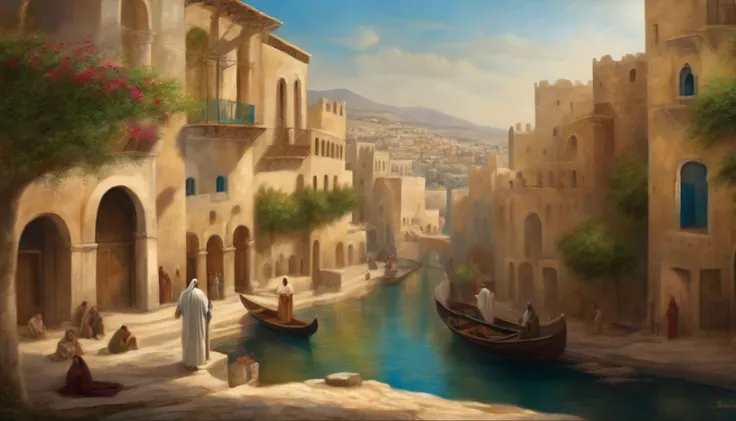 Birds eye view Jesus walked into the city-state of Israel with his back to the bright tone of the oil painting style There should be no river