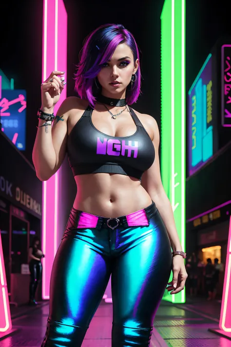 there is a woman standing with a rainbow light, 3 d neon art of a womans body, neon-noir background, cyberpunk femme fatale, seductive cyberpunk dark fantasy, ((tight pants:1.4)), cyberpunk strip clubs, cyberpunk 20 y. o model girl, oppai cyberpunk, banner...