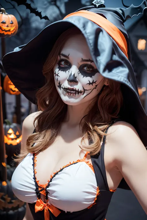 (halloween theme:1.5), (fantasy:1.5), upper body portrait of a tall beautiful women wearing halloween witch costume, skin tight ...