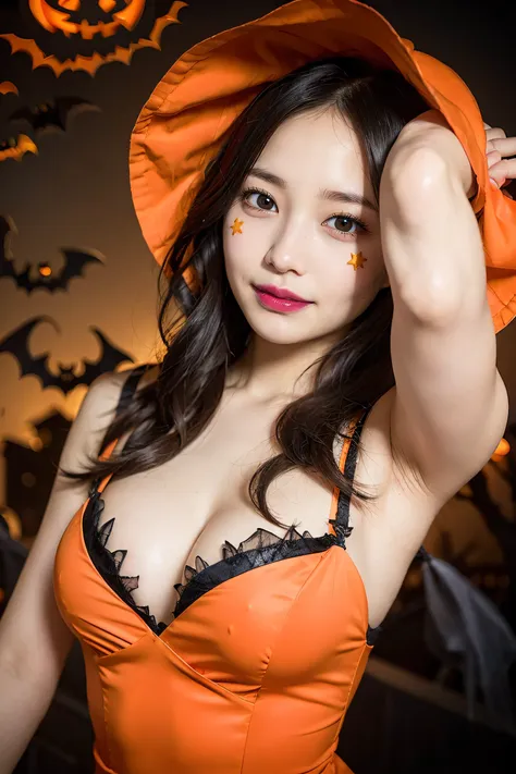 (halloween theme:1.5), (fantasy:1.5), upper body portrait of a tall beautiful women wearing halloween witch costume, skin tight ...