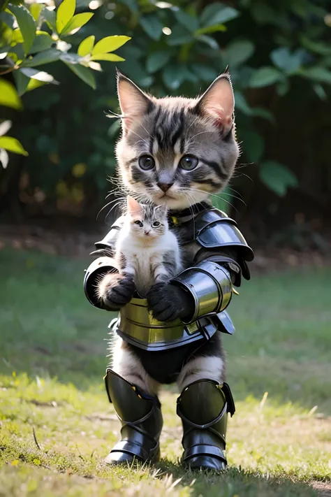 A cute kitten in battle armor