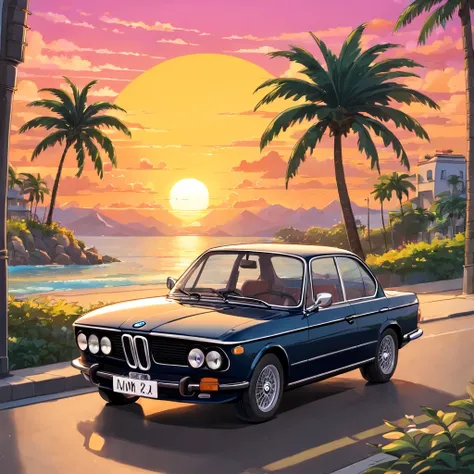 ((Sticker design)), Classic BMW car, Sunset background, Palm trees, 5 colors of layers, Corner Street, Beleq drum, Presean, car in black color