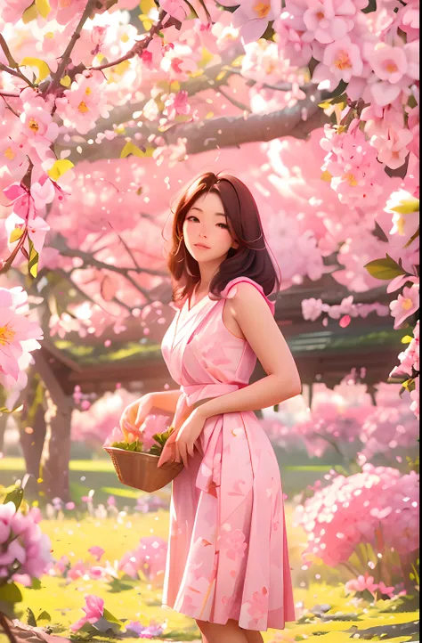 A beautiful 30-year-old farmer woman picking Sakura flowers, standing posture, wearing a pink and white Japanese flock, feminine form, lot of Sakura flowers on branches, morning light