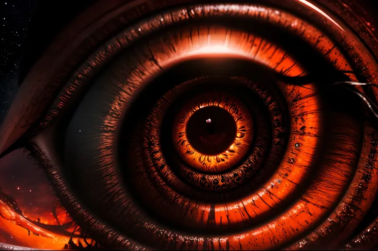 A giant malefic eye with vertical pupil, ultra detailed realistic iris in red to orange palette, eye in the center on a spiral galaxy, black background, surrealistic, nightmare, whimsical, dynamic, [[Sauron]], highly detailed.