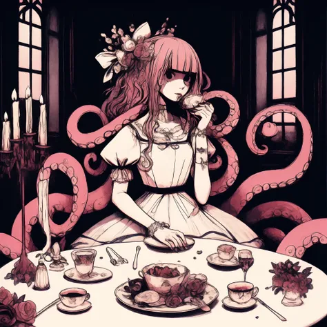 tentacle girl. dress with ruffles. tea party. inside a dark mansion. teacup in hand. candle. rose flowers on a plate.