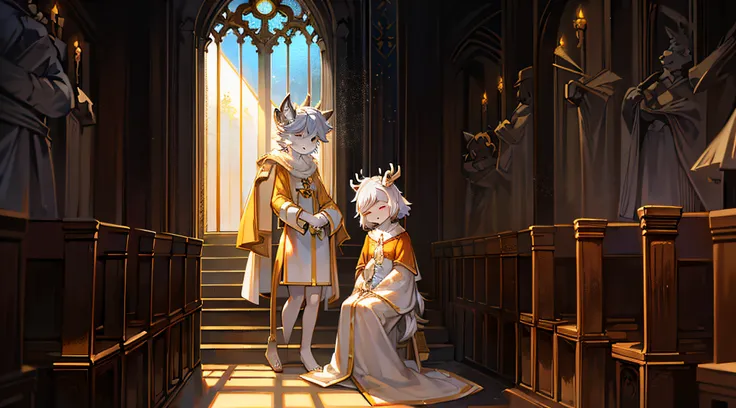 A white deer in a white robe，Black wolf in orange shirt，Sit in front of the church，stairways，Golden umbrella，rays of sunshine，Clear facial features，Close your eyes，serene，gentleness