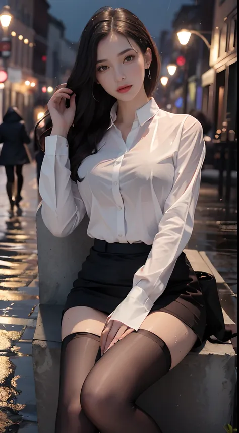 ((Realistic lighting, Best Quality, 8K, Masterpiece: 1.3)), Focus: 1.2, 1girl, Perfect Beauty: 1.4, Slim Abs: 1.1, (Big Breasts), (White Shirt: 1.4), (Outdoor, Night: 1.1), City Street, Super Fine Face, Fine Eyes, Double Eyelids, (Over the Knee Black Stock...