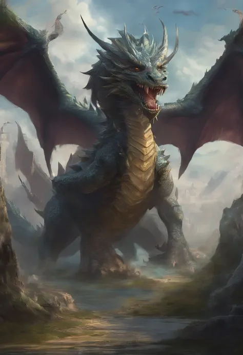 There is a big dragon with a huge head and a huge body, epic fantasy card game art, highly detailed fantasy art, detailed digital 2d fantasy art, epic fantasy artwork, detailed fantasy art, epic fantasty card game art, Dungeons&Dragons Fantasy Art, hyperre...