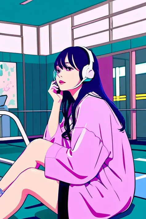 Urusei Yatsuras Ram-chan style illustration、Woman sitting in gym looking to the left、Wearing headphones、Looking at your phone screen、dressing gown、inside in room、Background white、The color is neon based on purple, pink, and blue