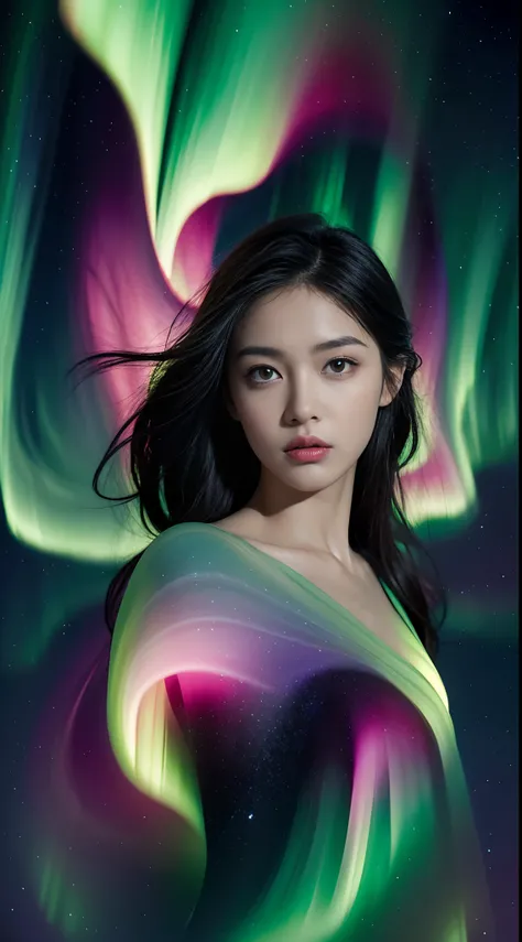 tmasterpiece, 4K, Hyper-Resolution, Optimal image resolution,aurora borealis，This stunning illustration depicts an abstract portrait of a young girl in the Northern Lights, A chaotic storm of aurora erupted in his mind，ModelShoot style，（multiple exposure：1...