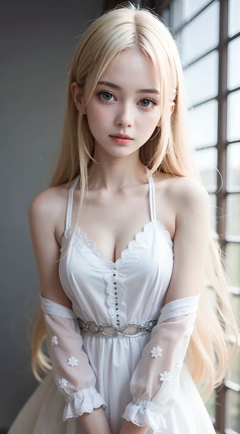 Raw photography、(((Portrait of extreme beauty)))、((Glowing white beautiful skin))、女の子1人、a baby face、18-year-old cute beautiful girl、((shiny bright platinum blonde hair))、Cute clothes、Hair hanging on the face、[attractive whitish light blue eyes,]、Super Long...