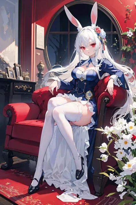 ((masterpiece, best quality, high resolution)), 1female, bunny ears, white hair, red eyes, forest, wonderland, blue gothic dress, mature, white stockings, multi-color flowers, pocket watch, thick thighs, medium breasts