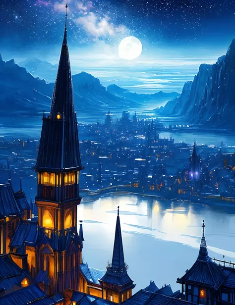 the met、Painting of a river with stars and moon in the sky、the met、Shining skyscrapers、Shine across the board、Skyscrapers、Concept art inspired by Mitsuoki Tosa、pixiv contest winners、top-quality、Fantasyart、beautiful anime scene、Bright moon、Moonlit star envi...