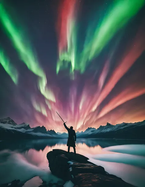 FR4Z3TT4， Man raises his sword to the sky，The sky is covered with auroras