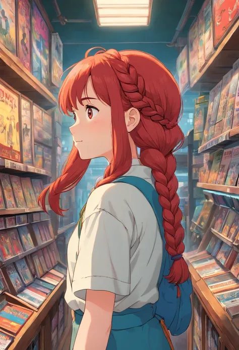 A 13-year-old girl, braid hairstyle, and red hair, With a face, Wearing clothes from the 80s, She was in a vinyl record store.