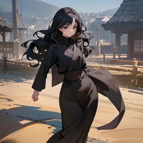 black hair,long wavy hair,detailed black clothing,ninja clothing,somber expression,detailed black eyes,sunny village background,standing on path,Adult,curvy,(best quality,4k,8k,highres,masterpiece:1.2),studio lighting